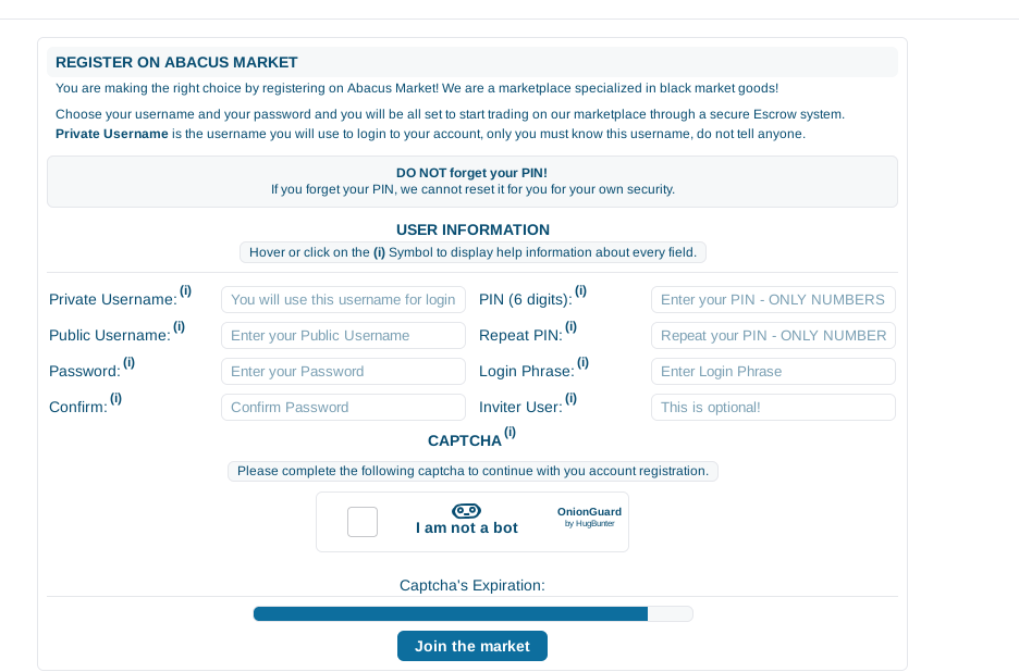 Registration page for Abacus Market