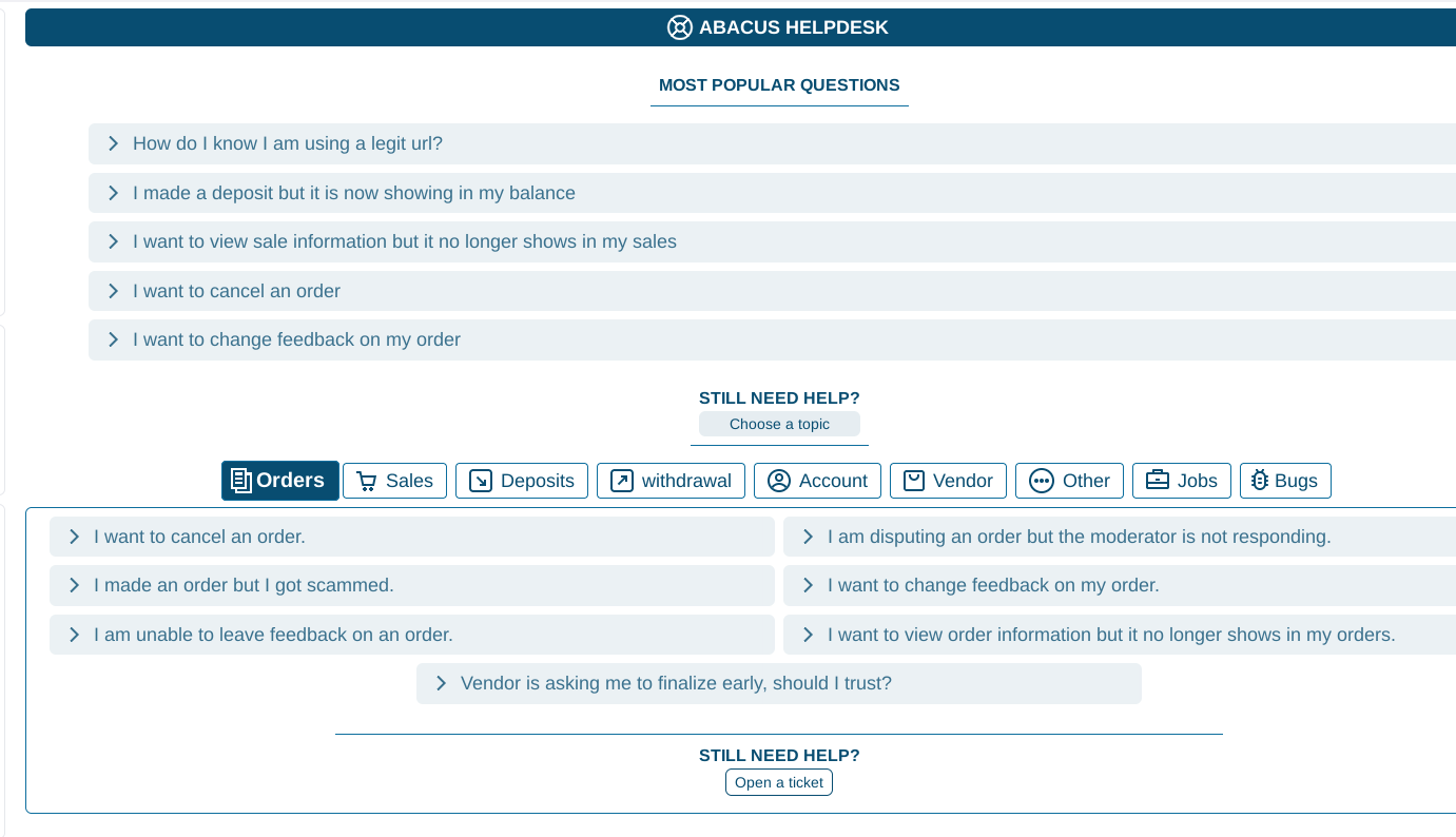 Support page on Abacus Market